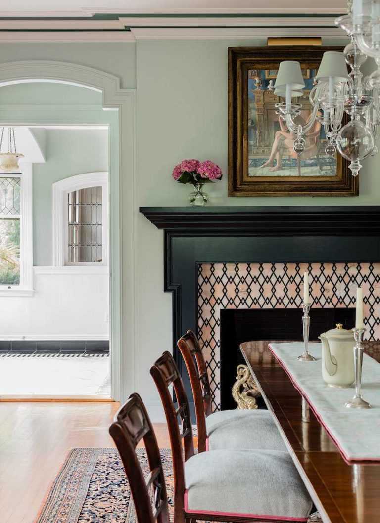 Platemark Interior Design Brookline Walnut Dining Room Fireplace
