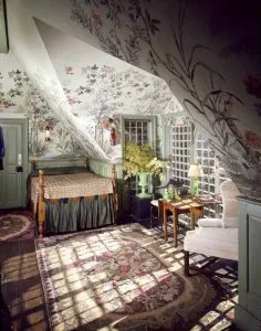 The Belfry Chamber at Beauport - Interior designer Henry Sleeper was a master of challenging spaces, transforming gables with wallpaper into a garden-like aerie.