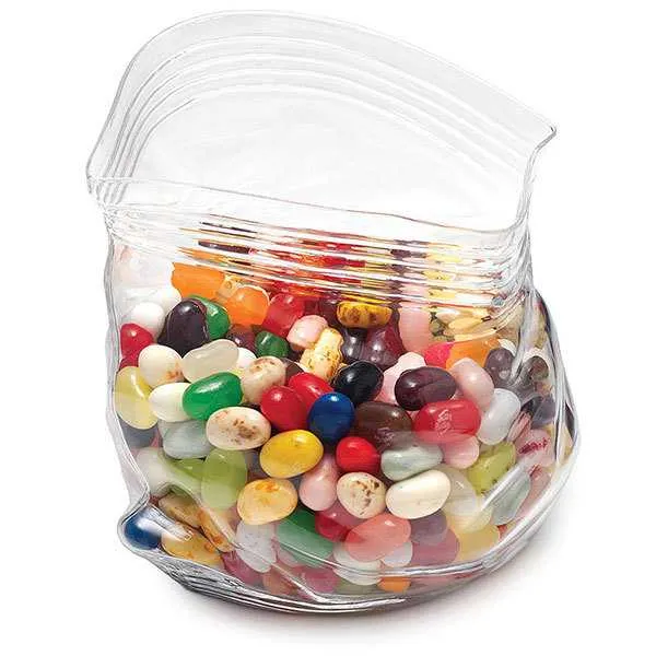 Glass candy dish that resembles a Ziploc bag filled with jelly beans